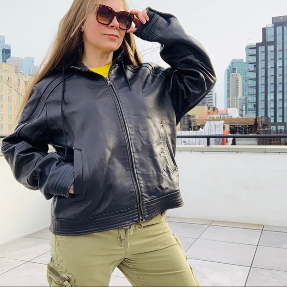 Knoles & Carter Jacket Black Leather Bomber Hoodie - Picture 12 of 16